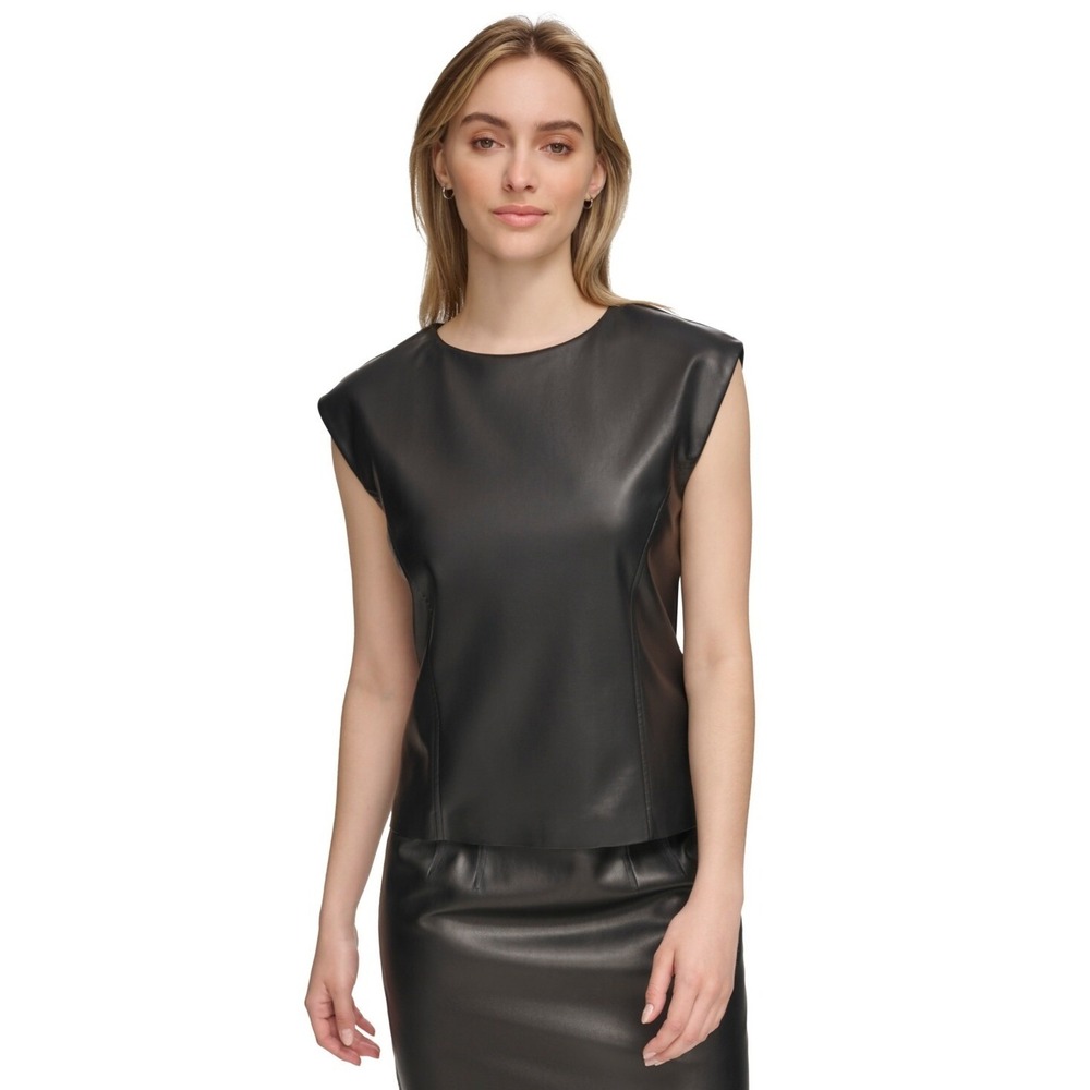 Calvin Klein‎ Top Womens 4 Black  Faux Leather Sleeveless Modern Essential NWT